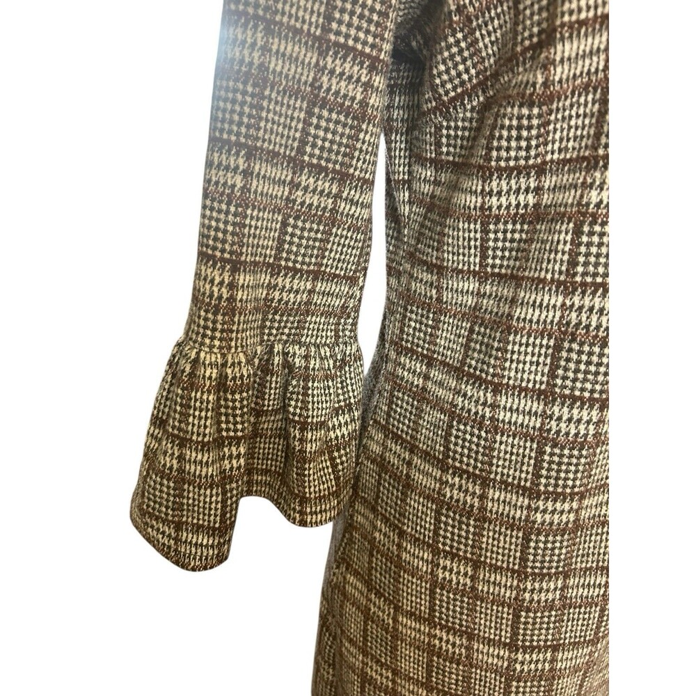 Nina Leonard Womens S Plaid Brown Gray 3/4 Balloon Sleeves Shift Stretch Dress - Picture 4 of 9